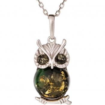 Gemma di Lily [Q6798] – Pendolo Argento “Grande Gufo” con Ambra Verde (Rhodié) 25×15 mm