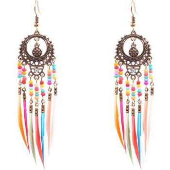 Pendientes de Borla y Plumas en Estilo Tribal para Mujer