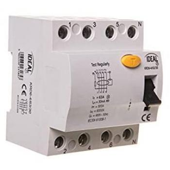 Électrodisjoncteur différentiel 4 pôles, 63 A, sensibilité 30 mA, rail TH35, indice IP20, couleur blanche