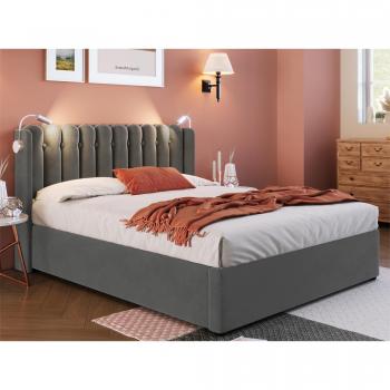 Lit coffre capitonné en velours gris, 140×200 cm, éclairage LED intégré, ports de charge USB