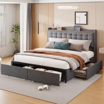 Cama tapizada con balda y USB 160x200 cm en tela de lino gris