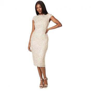 Chic Champagne Cap Sleeve Embellished Dress