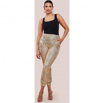 Gold Sequin Cuffed Ankle Trousers for Women
