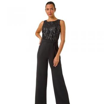 Roman Women's Black Sequin Bodice Jumpsuit, 14