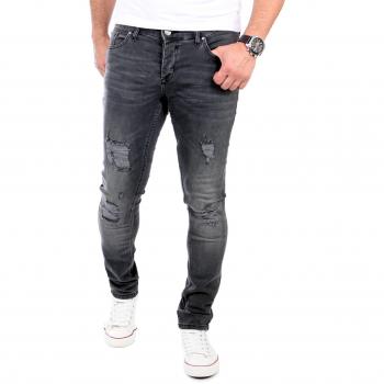 Reslad Jeans Herren RS‑2062 – Stretch Denim, Slim Fit, Zerstörtes Design, Schwarz, W32/L32
