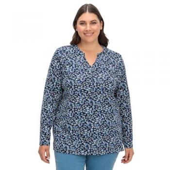 Tiefblau gemustertes Sheego Damenlangarmshirt mit V‑Schlitz und Floralprint 44/46