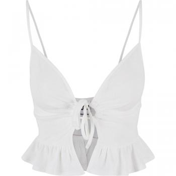 Urban Classics White Waffle Pique Ruffle Top for Women