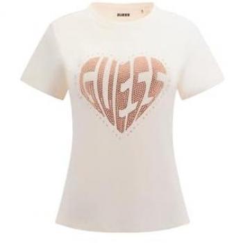 Heart‑Rhinestone Guess Tee – White, L
