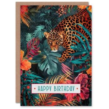 Birthday Card – Prowling Leopard in Deep Tropical Jungle Petals
