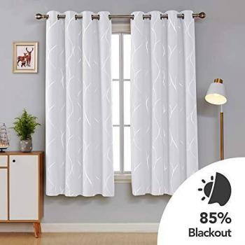 Deconovo Eyelet Blackout Curtains, Silver Wave Foil Printed Thermal Insulated Curtains for Livingroom, 66 x 72 Inch, Greyish White, one pair