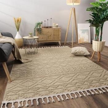 Tapis chambre adulte boho scandinave avec franges 160x220 cm, couleur beige