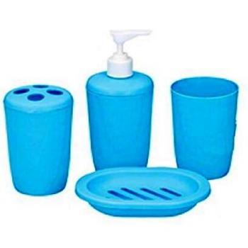 Set di 4 accessori da bagno ED-CO, portasapone in plastica, con tappo a pompa, dispenser per sapone liquido, bicchiere per risciacquo e portaspazzolino, colori vivaci (blu)