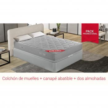 PIKOLIN Conjunto de Colchón viscoelástico de muelles y canapé base abatible blanca con almohadas de fibra