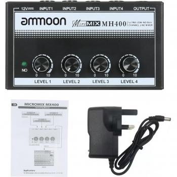 Ammoon MH400 Mini Audio-Mixer 4-Kanal mit 1/4-Zoll TS Eingängen und Lautstärkeregler für Gitarre