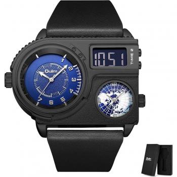 Reloj de pulsera Oulm para hombre, cronógrafo de cuarzo, cuero genuino, tres zonas horarias