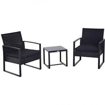 Outsunny Salon de Jardin 2 Places 3 Pièces 2 Chaises avec Coussins + Table Basse Verre Trempé Noir