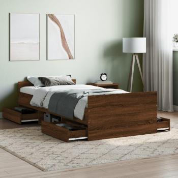 VidaXL Modern Single Bed Frame with Storage Drawers and Shelves, Comfortable Headboard and Footboard, Durable Engineered and Solid Pinewood Construction, Brown Oak Finish