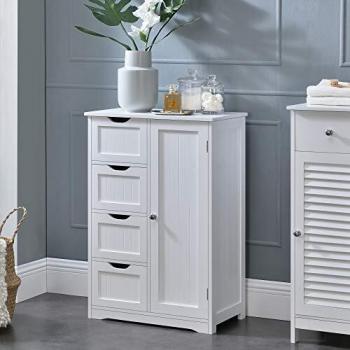 Mueble de baño blanco con 3 estantes y 4 cajones