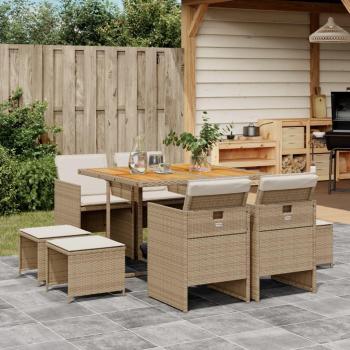9-Piece Beige Poly Rattan Outdoor Dining Set with Cushions