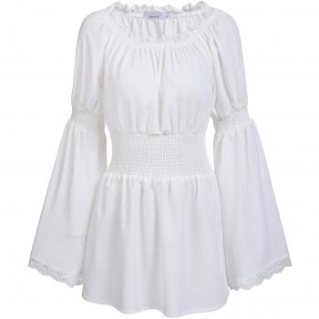 Trudge Damen Vintage Bluse Schulterfrei Lange Ärmel Spitze Rüschen Smocked Taille Boho Tops Shirts