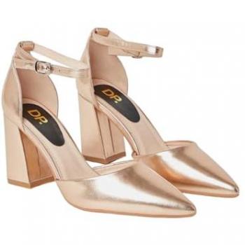 Womens Blanche Ankle Strap Pointed High Block Heel Court Shoes