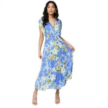 Oasis Women's Petite Floral Pleated Wrap Midaxi Dress in Blue