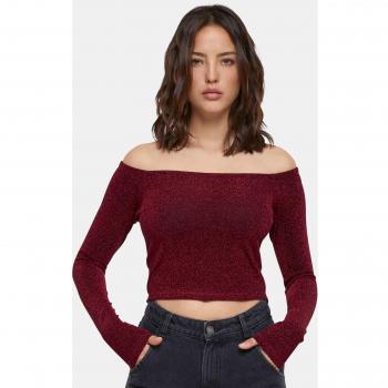 Urban Classics Damen Off Shoulder Glitter Langarmshirt burgund in L