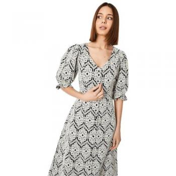 Womens Black Broderie Button Through Midi Dress