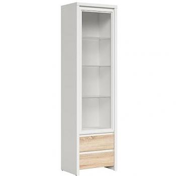 Vitrina estratificada beige y blanco con 1 puerta y 2 cajones