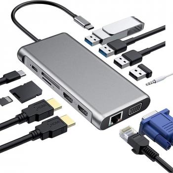 12-in-1 USB Type-C Multiport Adapter with 4 USB 3.0, HDMI, VGA, RJ45, Audio, SD/TF