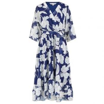 Vêtement midi Yumi Yumi : robe fleur‑oiseau mesh bleu, élégante et ruffée