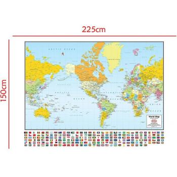 Grand Panorama Mondial 150x225 cm – Carte Impermeable, Projection Mercator, Drapeaux