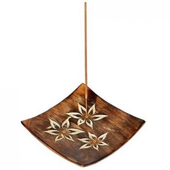 Carved Flowers Incense Holder in Mango Wood