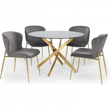 Modern Round Glass Dining Table with 4 Grey Harper Chairs Set