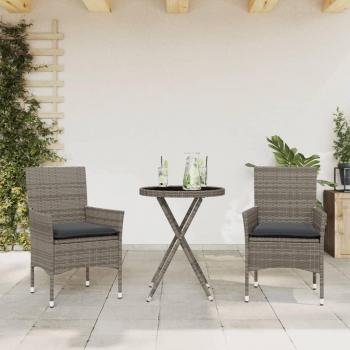 VidaXL 3-teiliges Bistro-Set mit Kissen Grau Polyrattan und Glas