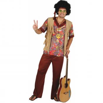 Retro Hippie Herrenkostüm XL – Beigeroßebunte Weste, Medaillon
