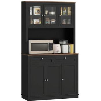 Mueble de cocina Homcom en negro: 3 vitrinas, microondas arriba, 2 cajones