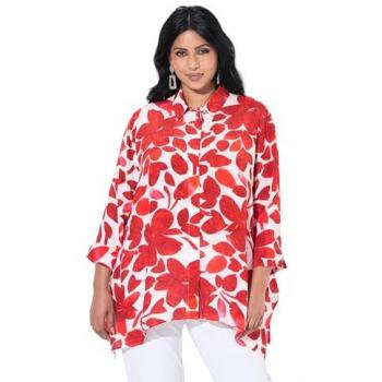 Ulla Popken Hemdbluse Viskose, roter Zipfelkragen 3/4‑Arm