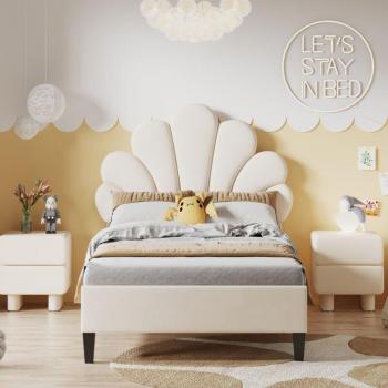 Redom Letto Imbottito per Bambini 90x200 cm con Testiera a Fiore, Rete a Doghe Velluto Beige