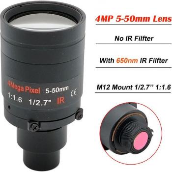 Objectif 4 MP varifocal 5‑50 mm M12 – compatible caméra HD IP/AHD