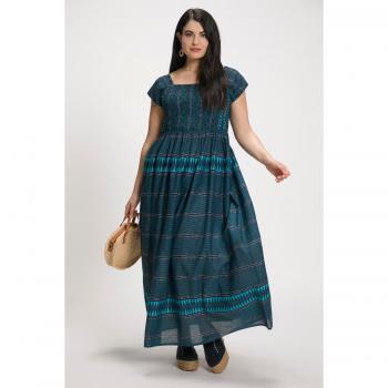 Maxi abito donna taglie forti, righe etniche, scollo rettangolare, blu, cotone/viscosa