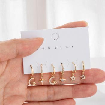 Pendientes de aro de oro con zirconia cúbica, aretes colgantes en forma de estrella y luna, 6 piezas