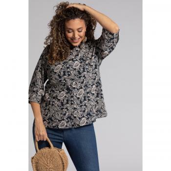 Camicetta con Maniche a 3/4 e Stampa di Foglie, Donna, Nera, Taglia 64/66, Cotone
