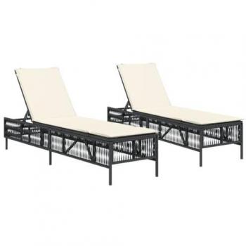 Lettini Prendisole in Polyrattan con Cuscini 2 pz Neri