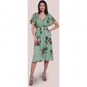 Chiffon Midi Dress with Floral Printed Flutter Sleeves by Goddiva