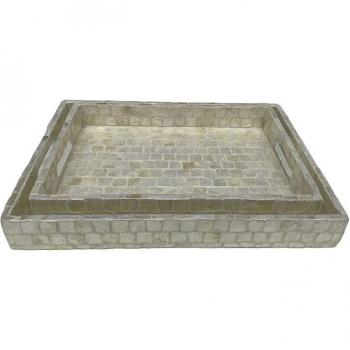 Bandejas Dobles DKD Home Decor: Blanco, Nácar, Bambú – 2 Unidades