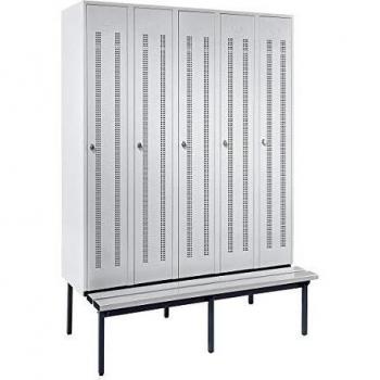 Vestiaire avec banc Wolf, 5 compartiments en tôle perforée