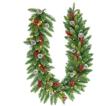 Festive Tree Light Strung with Green Berries & Pine Cones