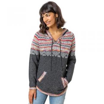 V‑Neck Hoodie with Nordic Pattern – Charcoal, Size 18
