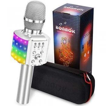 BONAOK Upgraded Bluetooth Karaoke Wireless Microphone with Flashing Colorful LED Lights, 4 in 1 Portable Bluetooth Karaoke Machine Home Party Speaker for iPhone/Android/PC